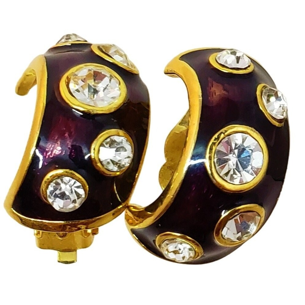 Dark Purple Half Hoop Clip On Earrings Enamel Rhinestone Gold Tone Vintage 1980s